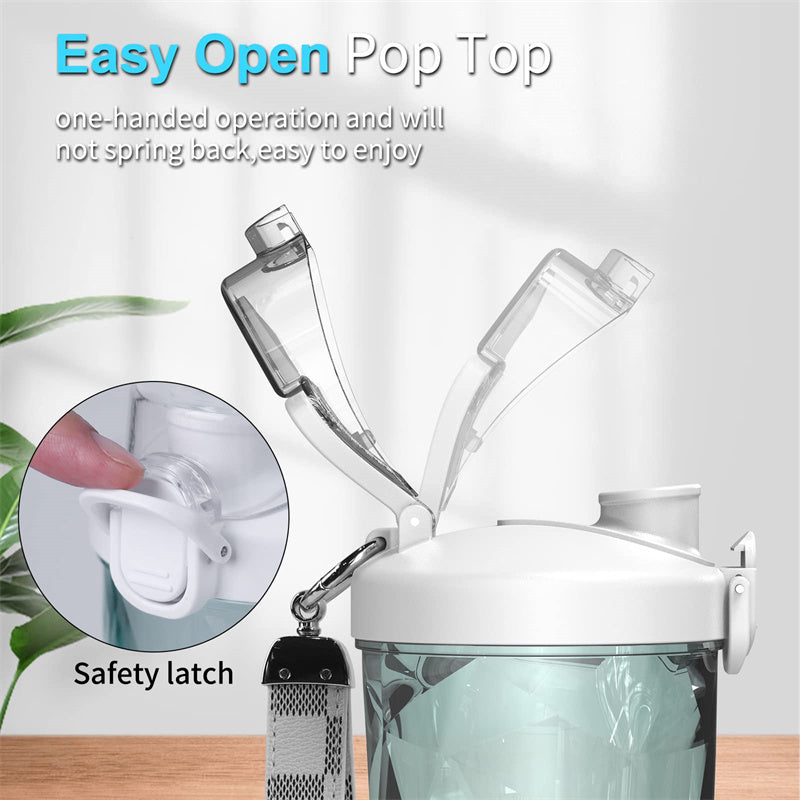 Tumbler with easy open pop top lid and safety latch feature.